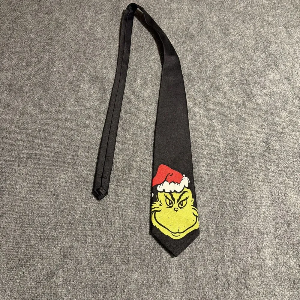 Vintage Dr Seuss Grinch Christmas Necktie Black Green Face 57” Christmas Mens